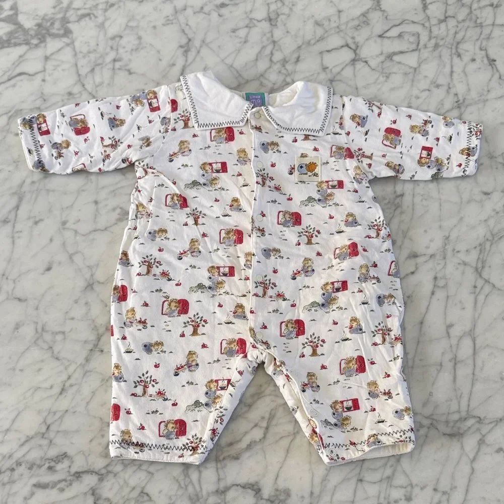 Vintage Hedgehog Apple Sz 6-9 Mo White Printed Baby One-Piece Tassels Romper